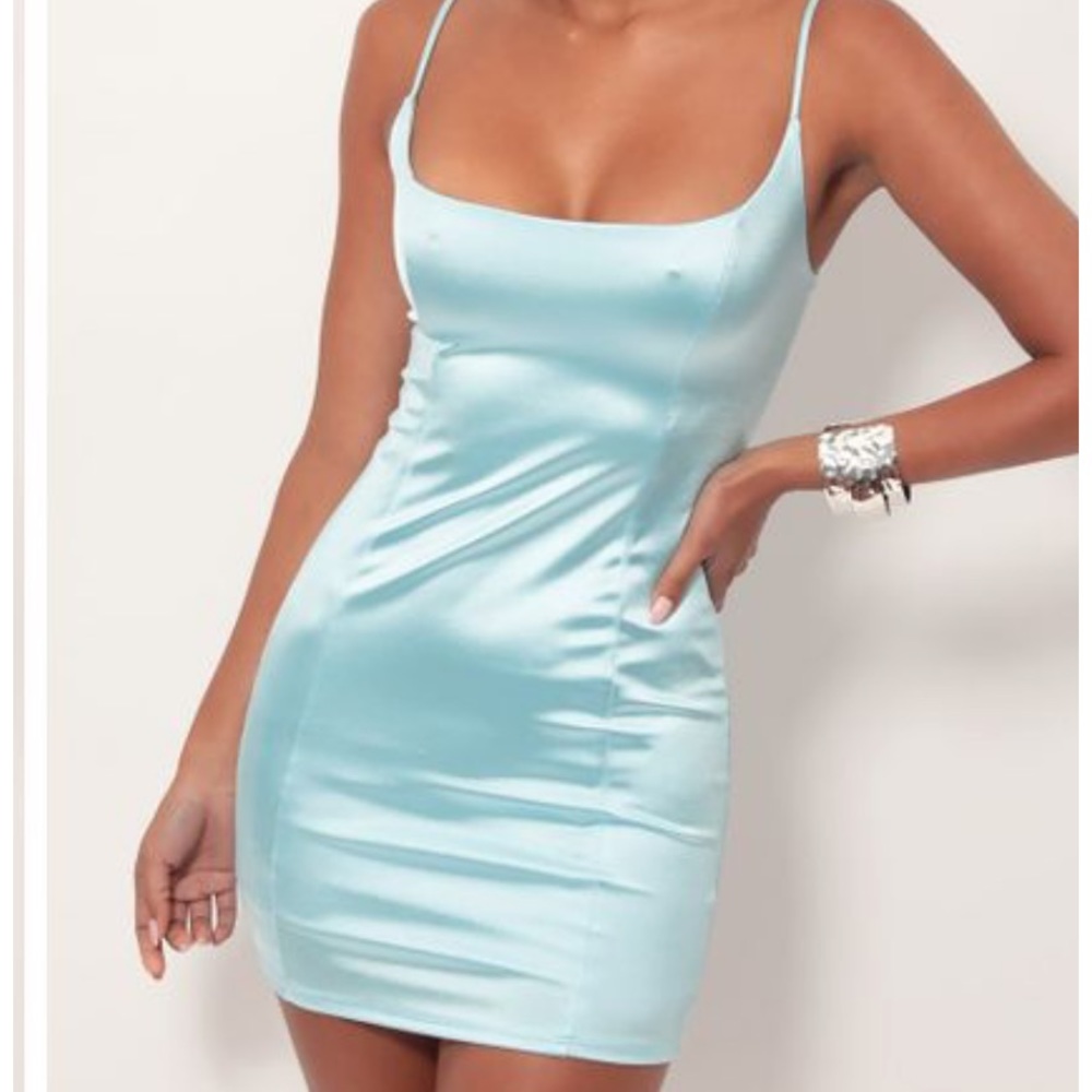 Satin body con dress in island blue